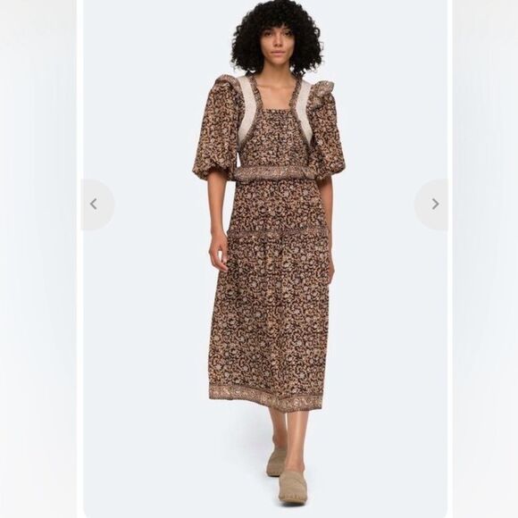 SEA NY Irina Pleated Flutter PuffSleeve Brown Black Boho Floral Print